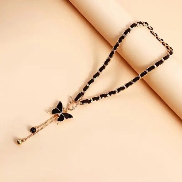 Elegant Black Butterfly Pendant Necklace with Tassel Charm - Picture 2 of 3